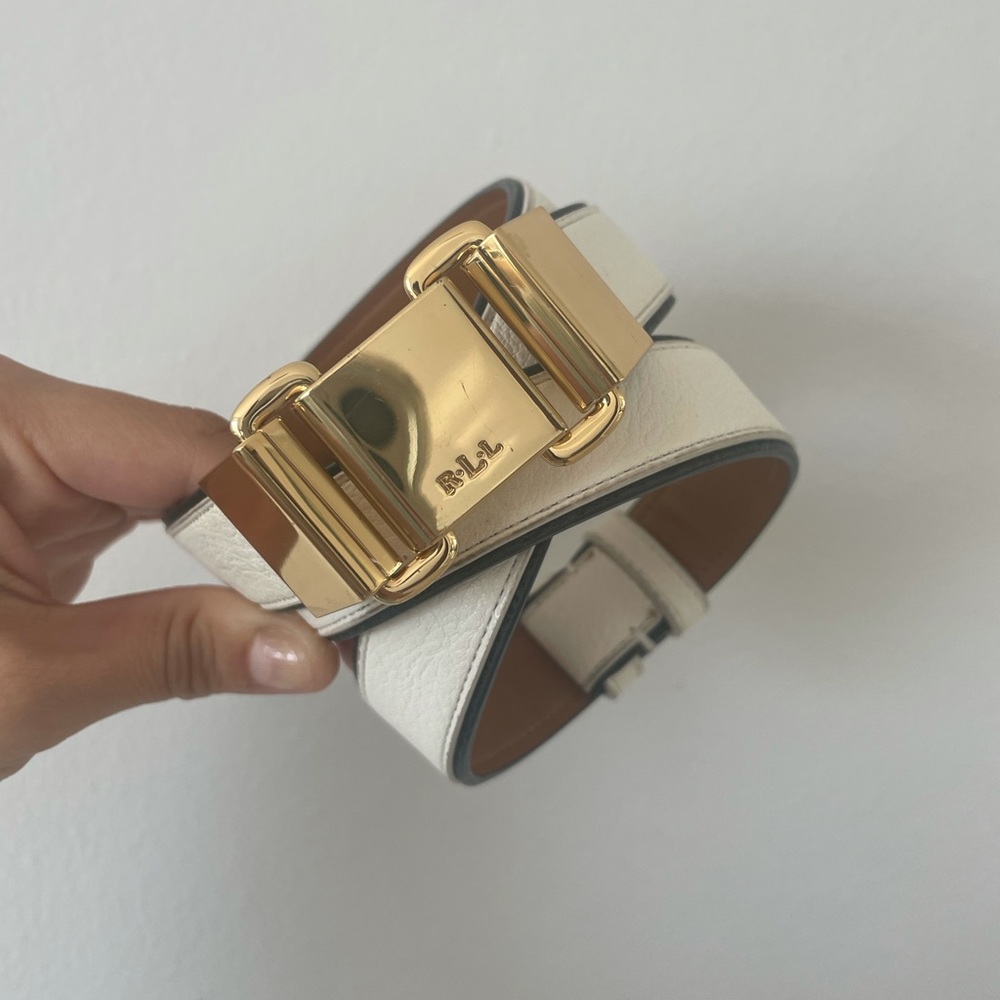 Lauren Ralph Women’s White Leather Belt With Gold Buckle Adjustable